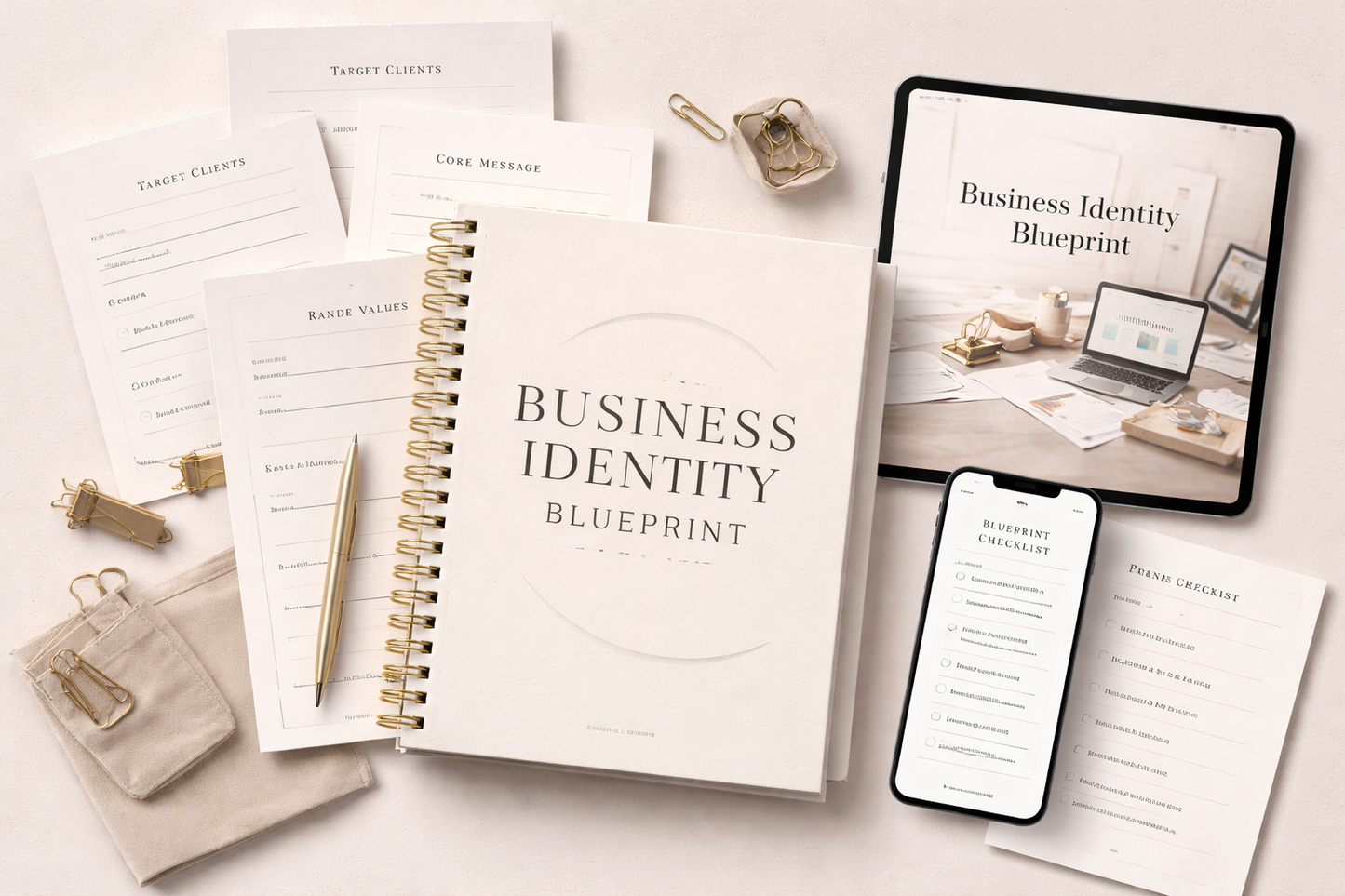 Business Identity Blueprint materials including a notebook, phone, and tablet on a light surface.