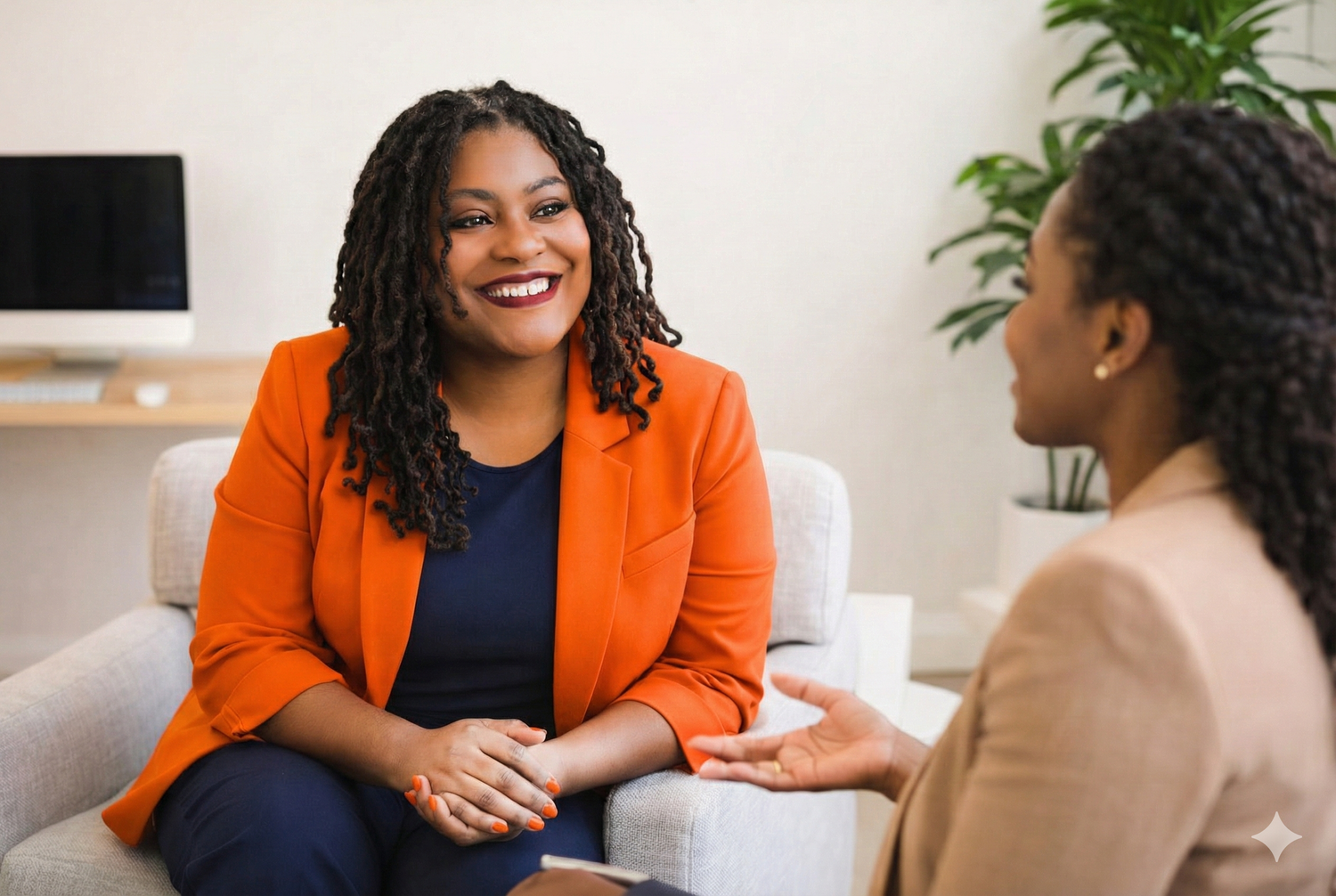 Two women sitting in a professional setting, one in an orange blazer smiling.